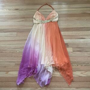 Y2K Silk Asymmetrical Hem Halter Midi Dress Women 8 Purple Orange Fairy Ethereal